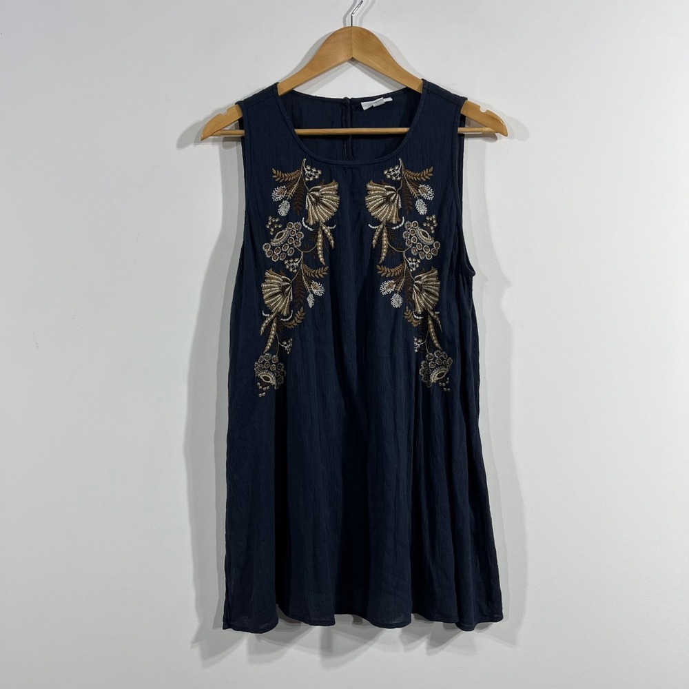 J. Jill Navy Gauze Boho Embroidered Tunic Top‎ Cotton Womens Medium Lagenlook